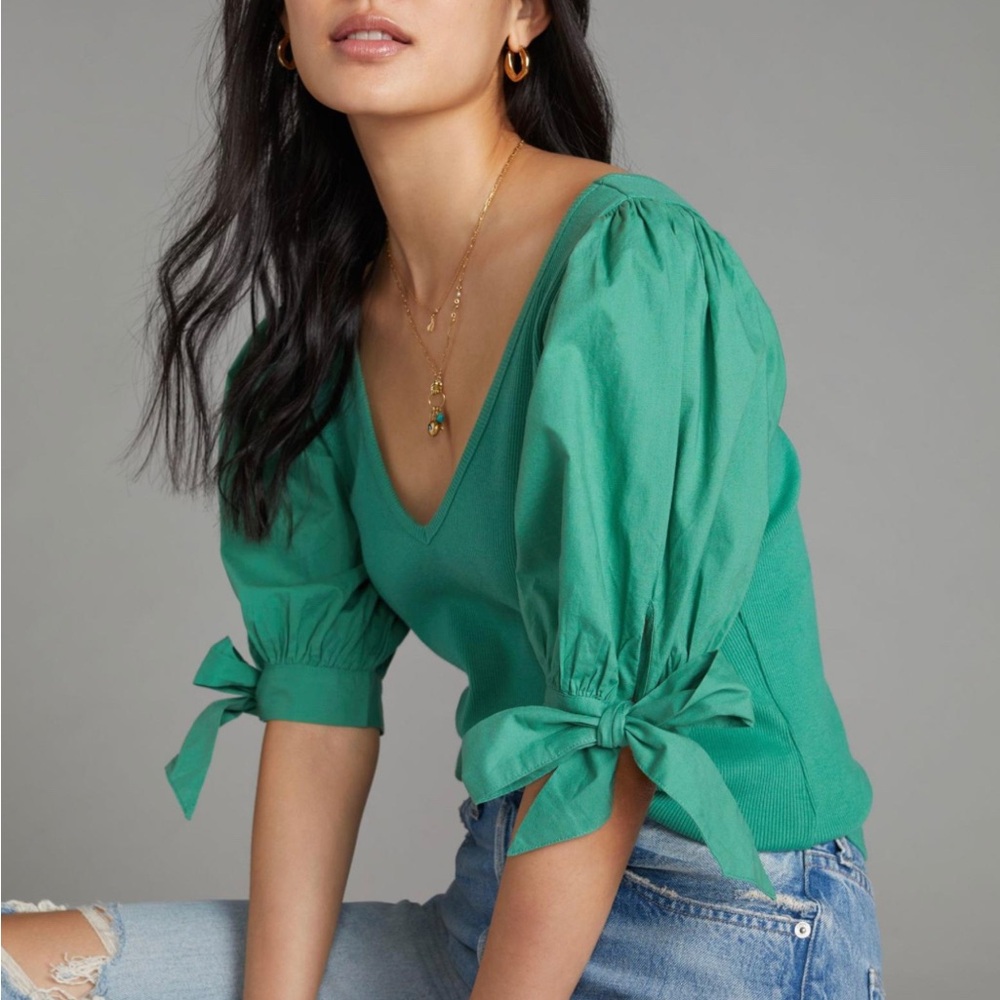 Anthropologie Maeve Puff-Sleeved Top in Kelly Green